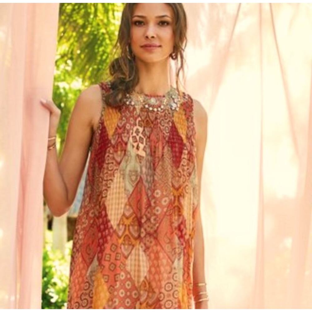 Soft Surroundings Embellished Boho Maxi Dress Size XL Orange Boho Patchwork NWT